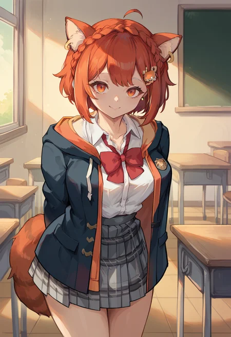 score_9, score_8_up, source_anime, 1girl, solo, RatnaUni, orange eyes, animal ears, orange hair, short hair, braid, ahoge, hair ornament, earrings, red bowtie, white shirt, collared shirt, black jacket, hooded jacket, plaid skirt, grey skirt, tail, indoors, classroom, window, arms behind back, leaning forward, smile, <lora:ChamRatnaPetitPonyXL:1>