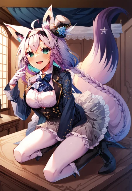 safe_pos, safe_pos, safe_pos, safe_pos, safe_pos, safe_pos, score_9, score_8_up, score_7_up, score_6_up, masterpiece, source_anime, high quality, perfect face, detailed eyes, perfecteyes, perfect balance, detailed face, perfect lighting, detailed background, uncensored, newest, absurdres, highres, very aesthetic, indoor, dining room, grand table, windows, night,
uncensored,
fubuki, white hair, single side braid, ahoge, piercing, fox tail,
fubuki_elegant, braided ponytail, blue coat, blue ascot, corset, collared shirt, grey skirt, frilled skirt, white pantyhose, white gloves, mini top hat, hairband, blue rose, white hair, piercing, fox tail,
1girl, solo, open mouth, smile, large breasts, pleasured, full body, long legs, larger female, tall female, looking at viewer, long calves, long legs, thin thighs, tall_girl,long_legs, boots, long boots, lace-up boots, leather boots, heeled boots, sitting on table, half closed eyes, naughty face, multicolored hair, low angle