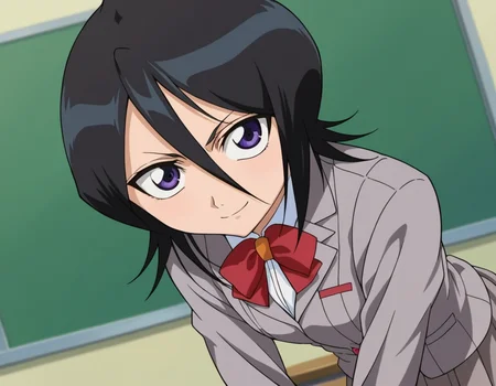 score_9, score_8_up, score_7_up, source_anime,
rukiakuchiki, <lora:rukia-kuchiki-s1-ponyxl-lora-nochekaiser:1>,
rukia kuchiki, black hair, hair between eyes, purple eyes, short hair,
skirt, bow, school uniform, jacket, blazer, grey jacket,
indoors, classroom, bent over, smile,
looking at viewer, cowboy shot, dutch angle,