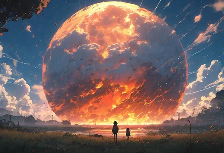 view of stratocumulus forming a circular portal in the horizon by Ismail Inceoglu and Studio Ghibli, portal to a world in fire,one peice anime art style, cover art, dramatic scene Octane Render made by Studio Ghibli, great detail of depth, exceptional lighting, sunset, triadic colors, ominous ,