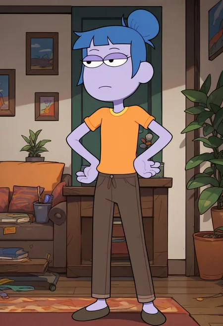 Score_9_up, score_8_up, score_7_up, solo, 1girl, gloriabcg, blue hair, single hair bun, purple skin, orange shirt, pants, hands on hips, living room, Expressiveh