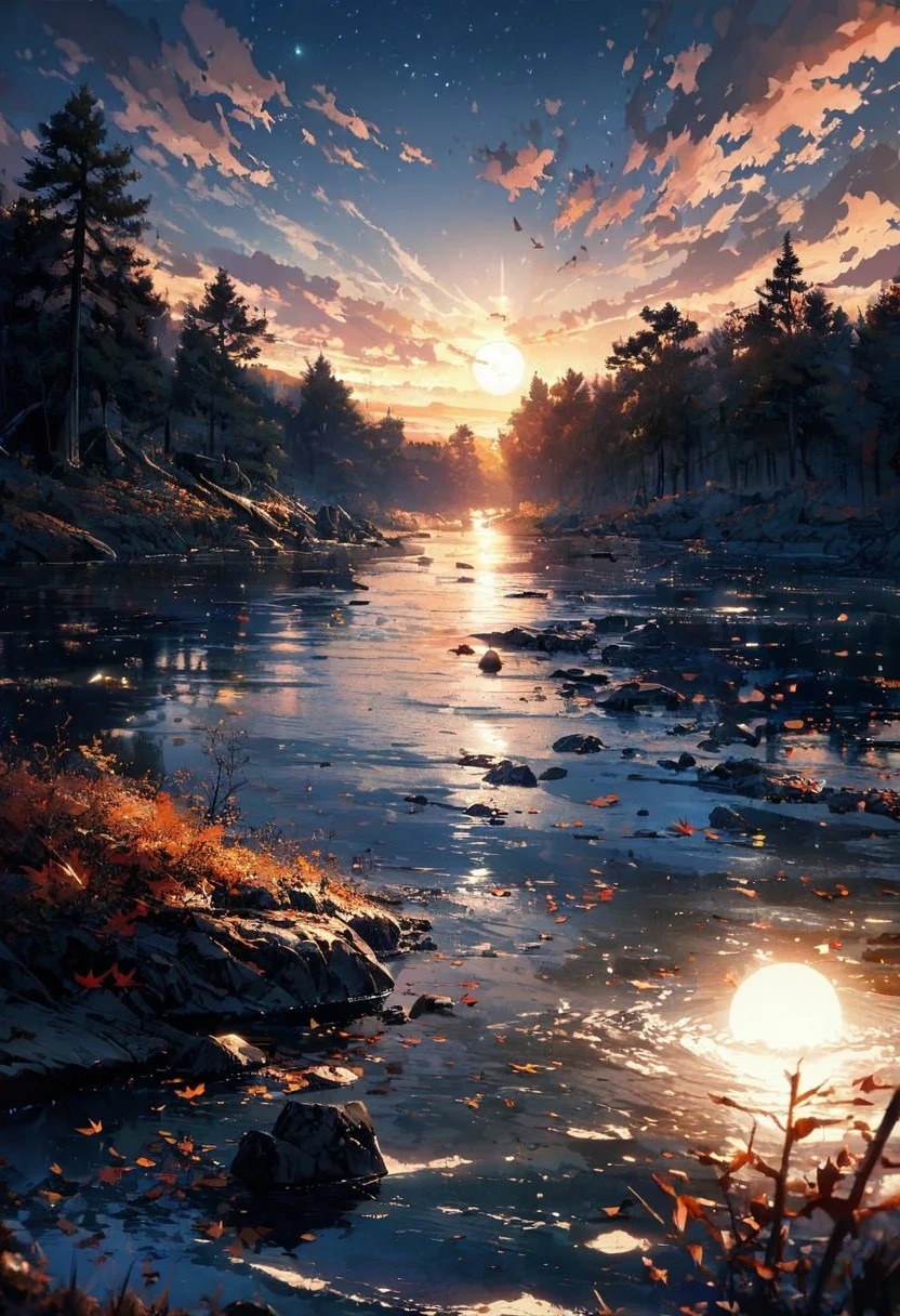 Breathtaking views, nostalgia, detailed landscape, mysterious, a miracle of nature, great lighting, Nature, autumn leaves, fall, forests, Bird watching, beautiful birds, A vast lake surrounded by forests, a beautiful vast lake, sparkling emerald blue water, Fallen trees are submerged in the water like fossils, without decaying, day, sun, sunlight, moon reflected on the water, starry sky, beautiful view, mysterious glow, beautiful clouds, depth of field, masterpiece, best quality, 8k, ultra-detailed, very aesthetic, illustration, superb composition, finest details, intricate details, absurdres, high contrast, RAW, concept art,