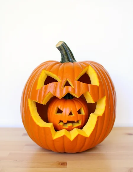 Carved pumpkin eating another carved pumpkin, on a table, white background,