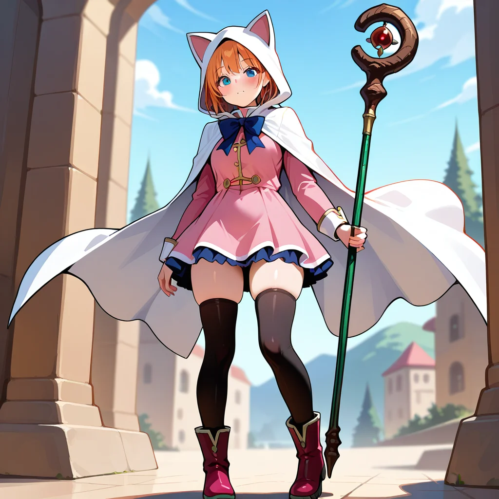 masterpiece, best quality, amazing quality, newest, <lora:Devout_cos_Illustrious:1>.Devout_cos,cat hood,pink dress,white cape,bow,skirt,staff,thighhighs,boots,holding_staff,
