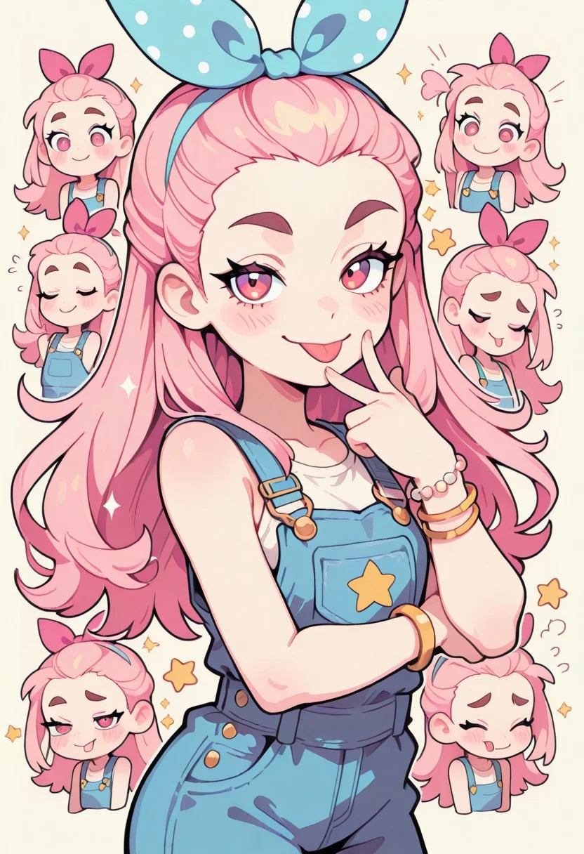 1 girl , solo , blushing , tongue out , closed mouth , bratty smile , thick eyebrow , eyelashes , cute , winking , star , sleeveless , bracelet , overalls , ribbon , hair ribbon ,
masterpiece, best quality ,amazing quality ,S4bit4mago_illu , Protoneon ,s0wasow4rt_illu, t1m3r