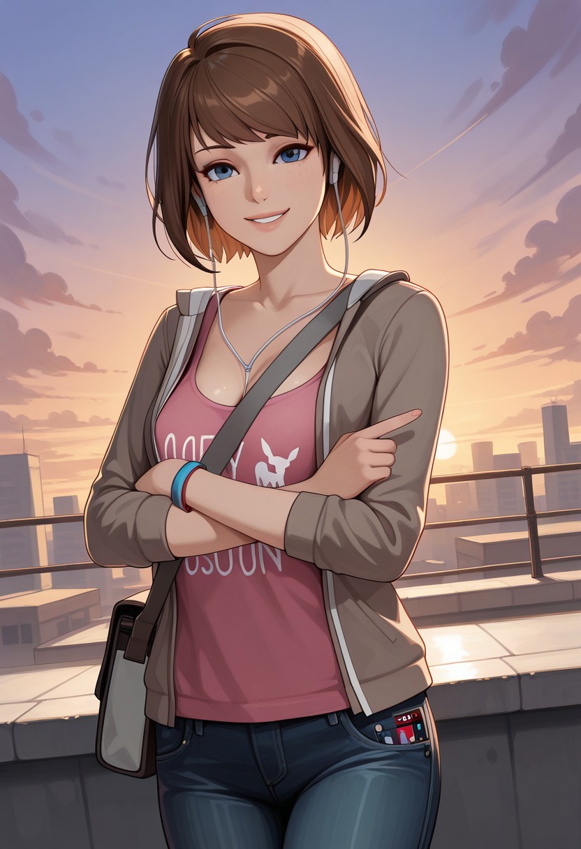 masterpiece, best quality, BREAK, dynamic angle, 1girl, solo, maxcaulfieldlis, brown hair, blue eyes, satchel, earphones, jacket, jeans, pink shirt, cleavage, perky breasts, bracelet, arms crossed, looking at viewer, happy smile, pointing at the sun, college, rooftop,  sunset, detailed scenery