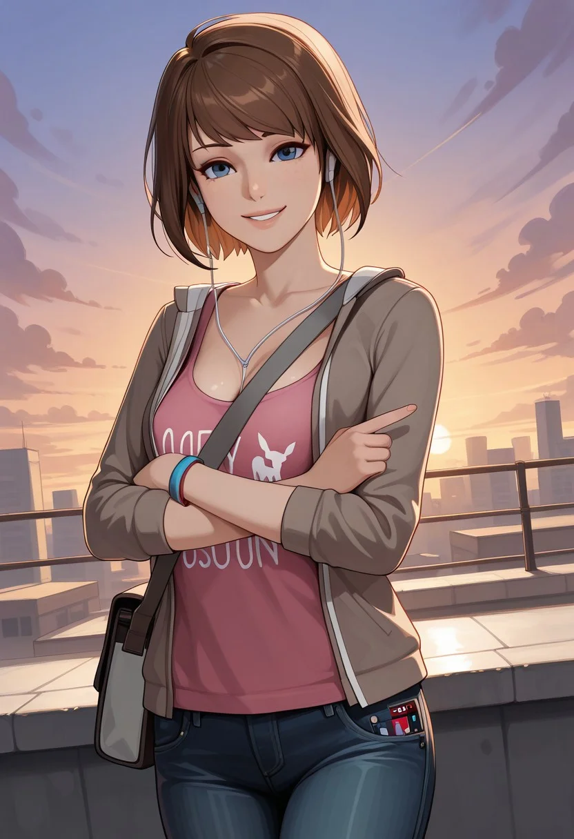 masterpiece, best quality, BREAK, dynamic angle, 1girl, solo, maxcaulfieldlis, brown hair, blue eyes, satchel, earphones, jacket, jeans, pink shirt, cleavage, perky breasts, bracelet, arms crossed, looking at viewer, happy smile, pointing at the sun, college, rooftop, sunset, detailed scenery