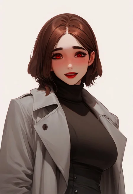 score_9, score_8_up, score_7_up, score_6_up, score_5_up, score_4_up, portrait, upper body, smiling with open mouth, short hair, heavy makeup, long eyelashes, blushing, turtleneck, sweater, red lips, simple background, solo, long sleeves, red eyes, black dress, mole under eye, white background, skindentation, 1girl, looking at viewer, grey coat, blush, brown hair, trench coat, open coat, large breasts