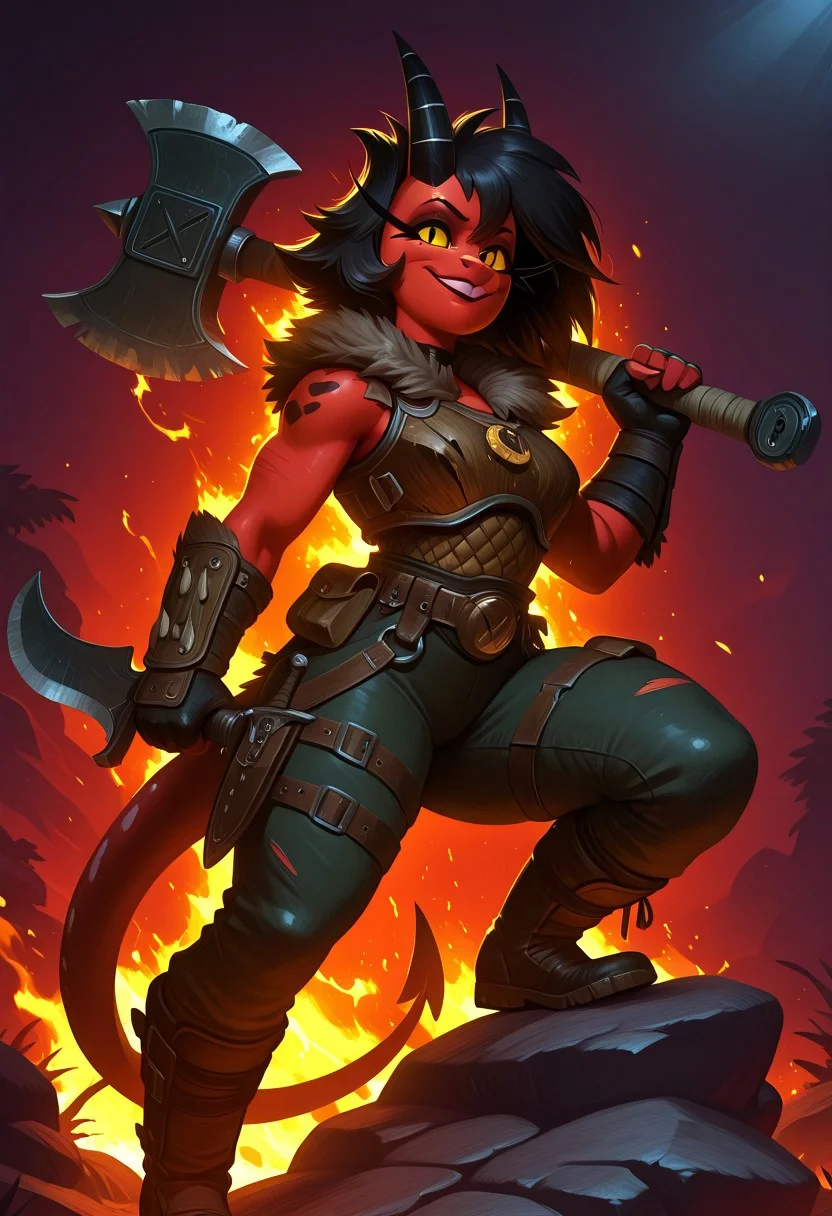 (((Barbarian, neutral alignment, highlvl))), shortstack, millie \(helluva boss\), millie, black hair, short hair, red skin, yellow sclera, slit pupils, horn, demon tail, neutral barbarian, female, millie, high level, mercenary survivalist, wild and untamed, patchwork armor made from steel, leather, and beast hide, asymmetrical design, fur collar, utility belts with throwing axes and traps, scar across cheek, confident smirk, practical war paint in grey and brown, fingerless gloves, worn boots with reinforced soles, dual handaxes strapped to back, hunting knife on thigh, bone charms, flask on hip, Pose: crouched on a rock, one axe drawn, tail curled behind, eyes focused like a predator, nomadic camp, smoke rising from a fire, vultures circling above, pragmatic, wild, untethered by law or morality, dramatic lighting, masterpiece, best quality, high quality, newest, highres, 8K, HDR, absurdres, realistic, fantasy, G0thicL1nes, full body