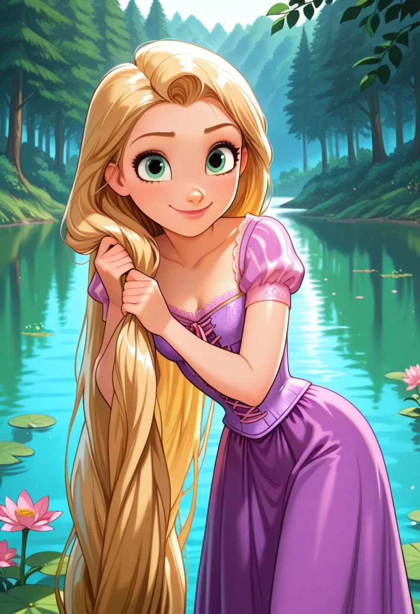 rapunzel, 1girl, solo, long hair, (looking at viewer:1.3), smile, blonde hair, dress, holding, very long hair, closed mouth, green eyes, flower, short sleeves, outdoors, puffy sleeves, water, tree, puffy short sleeves, lips, eyelashes, leaning forward, watermark, nature, corset, purple dress, forehead, pink flower, forest, cross-laced clothes, holding hair, lake, lily pad, pond, dqstyle, masterpiece, best quality, amazing quality, very aesthetic, absurdres, newest, (volumetric lighting)