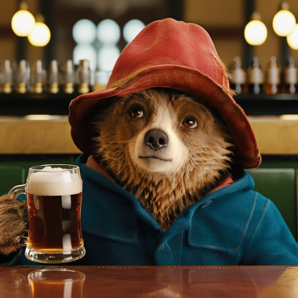 Paddington1024, a beain a pub drinking a beer, highly detailed, photography, ultra sharp, film, bokeh, professional, 4k  <lora:add-detail-xl:1.5> <lora:Paddington1024:0.8>