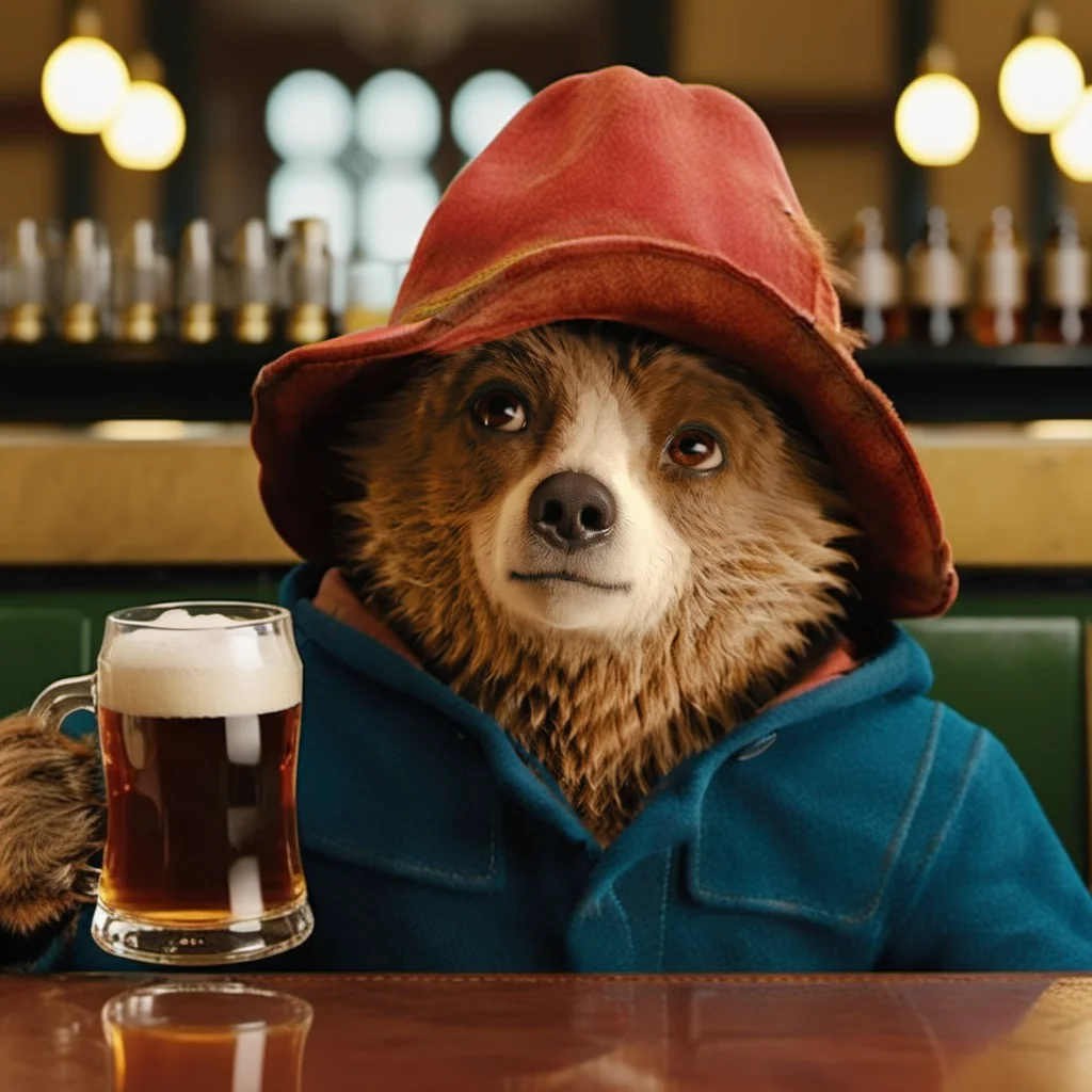 Paddington1024, a beain a pub drinking a beer, highly detailed, photography, ultra sharp, film, bokeh, professional, 4k  <lora:add-detail-xl:1.5> <lora:Paddington1024:0.8>