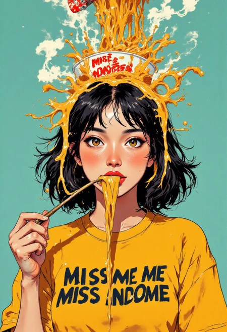 Upper body portrait of an Asian woman with shoulder-length, wavy black hair with subtle caramel highlights, styled in a tousled, effortless manner. She has bright, expressive almond-shaped eyes, defined brows, and wears minimal makeup with just a touch of peachy blush and glossy coral lips. Her expression is playfully mischievous yet seductive as she gazes directly at the viewer. She wears a fitted mustard-yellow t-shirt with the quirky phrase "MISS ME MISS INDOMIE" printed in bold black typography across the chest. She also holding a package of instant noodle with text "INDOMIE".
Against a clean, matte teal background, she balances an UPSIDE DOWN ramen bowl on her head like a hat, with the BOWL'S BOTTOM FACING UPWARD. The INVERTED BOWL sits at a slight angle, creating an unconventional yet stylish headpiece. Steaming, glossy noodles pour dramatically from the bowl's rim, cascading down around her face and shoulders in golden-yellow streams. The noodles spill abundantly, creating an artistic waterfall effect around her.  one single, unbroken noodle strand stretches elegantly from the bowl down to her slightly parted lips, creating a direct connection between the food and her mouth. She appears about to slurp this single noodle, her lips forming a subtle pucker. Small drops of broth cling to the noodles, catching the light like jewels. The lighting is bright and commercial, highlighting the steam rising from the hot noodles and giving the perfect food advertisement.