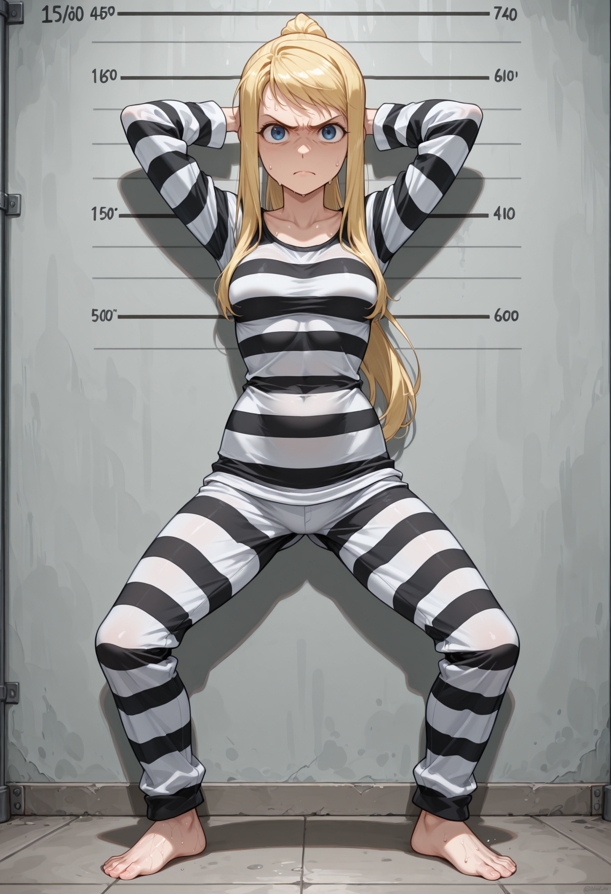 masterpiece, best quality, highres, absurdres, very awa, 1girl, solo, wnrbll, blonde hair, sidelocks, long hair, prison clothes, striped, striped shirt, long sleeves, height chart, straight-on, (bowlegged pose), spread legs, standing, sweat, full body, blue eyes, striped pants, dutch angle, ponytail, looking at viewer, arms behind head, angry, frown, raised eyebrow, glaring, closed mouth