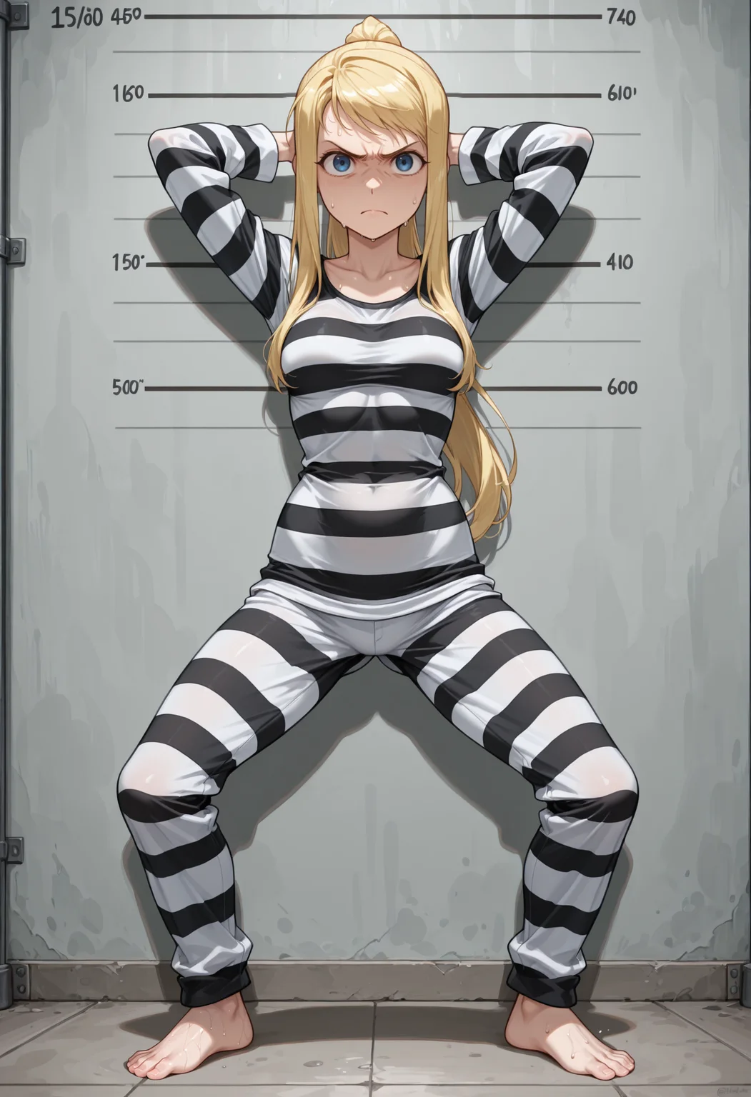 masterpiece, best quality, highres, absurdres, very awa, 1girl, solo, wnrbll, blonde hair, sidelocks, long hair, prison clothes, striped, striped shirt, long sleeves, height chart, straight-on, (bowlegged pose), spread legs, standing, sweat, full body, blue eyes, striped pants, dutch angle, ponytail, looking at viewer, arms behind head, angry, frown, raised eyebrow, glaring, closed mouth