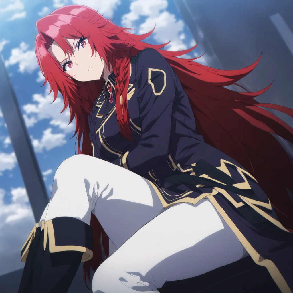 solo,anime coloring,looking at viewer,masterpiece,high score,great score,absurdres,<lora:Iris_Midgar ag4o:1> iris_midgar, long hair, red hair, braid, red eyes,uniform,white pants,boots,