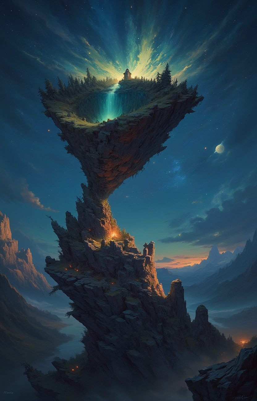 a strange impossible fast moving gravitation tilted 454.78 degree upside down, baffling optical illusion, disorienting angle, a mountain covered in trees rocky body and a chiseled rocky uncanny, resting on a mountain top, overlooking a fantasy village, nighttime, epic, fireflies, deep shadows,   <lora:- Flux1 - impossible_geometry_V1.0:.7>