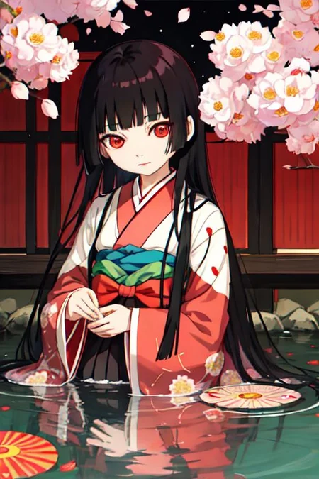 enma_ai 1girl, solo, hair down, hair black, bangs hair, eyes red, kimono, underlayer kimono, ornamental hairpun, obi sas, night, village, (masterpiece), 1girl, living in a floating house, pond, flowers on pond, beautiful scenery <lora:iori1:1>