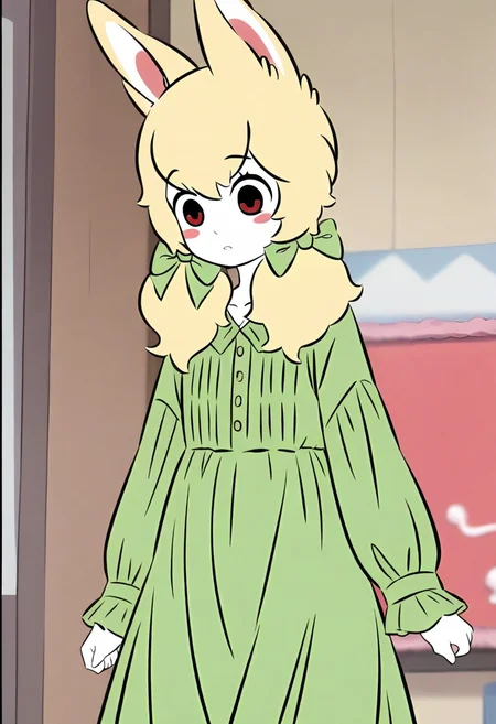 <lora:xiaoyu:1>,xiaoyu,1girl,solo,furry female,black eyes,red eyes,blonde hair,twintails,hair bow,animal ears,white skin,
green dress,dress,long sleeves,green bow,, masterpiece,best quality,amazing quality,absurdres, anime screenshot,