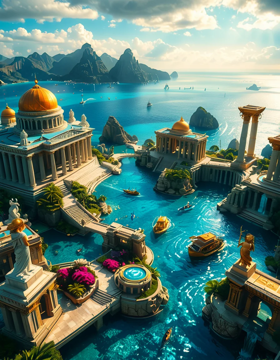 A breathtaking view of the lost city of Atlantis, submerged beneath crystal-clear ocean waters. The city showcases a magnificent blend of ancient Greek and futuristic architecture, with towering marble temples, golden domes, and intricate carvings glowing under the soft bioluminescent light of coral reefs. Majestic pillars and archways, partially covered in coral and algae, rise from the ocean floor, creating an atmosphere of mystery and forgotten grandeur. The sunlight filters through the water, casting shimmering patterns on the grand stone pathways and illuminating massive statues of gods and mythical beings, eroded by time. The scene is peaceful and awe-inspiring, with an ethereal blue glow enhancing the dreamlike, almost magical quality of this underwater utopia. No marine creatures or human presence disrupt the timeless serenity of this lost civilization.
<lora:atl4nt1s:1>,atl4nt1s,<lora:SDXLFaeTastic2400:0.4> <lora:extremely_detailed:0.4> extremely detailed, Masterpiece,best quality,hi res,8k,hi res,8k,award winning,(sharp focus, intricate, highly detailed),