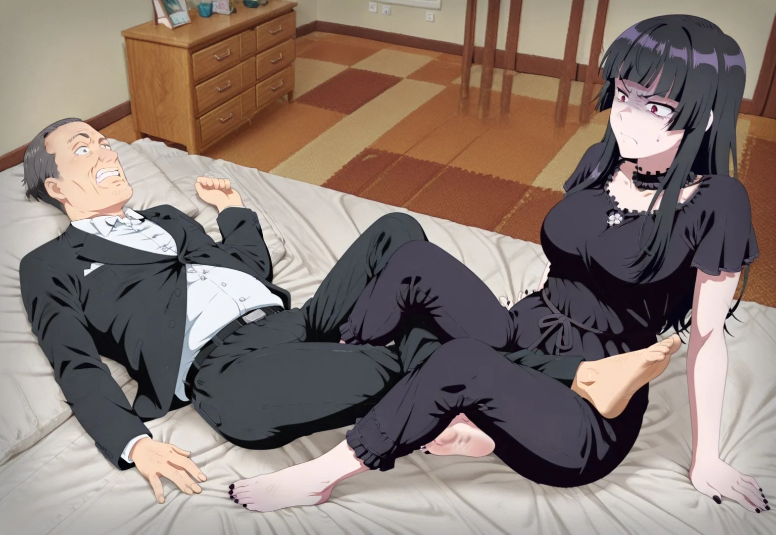 Good anatomy, source_anime, anime, masterpiece,best quality,amazing quality,
Figure4, leglock, figure four leglock, 1girl (goth girl, toned, barefoot, toes, soles, sexy, arm support, angry, looking at him), 1boy (older man, suit, lying on back), ((indoors)), detailed feet, crossed legs, ((anime screencap, anime coloring)), size difference, tall woman, source anime, source cartoon
