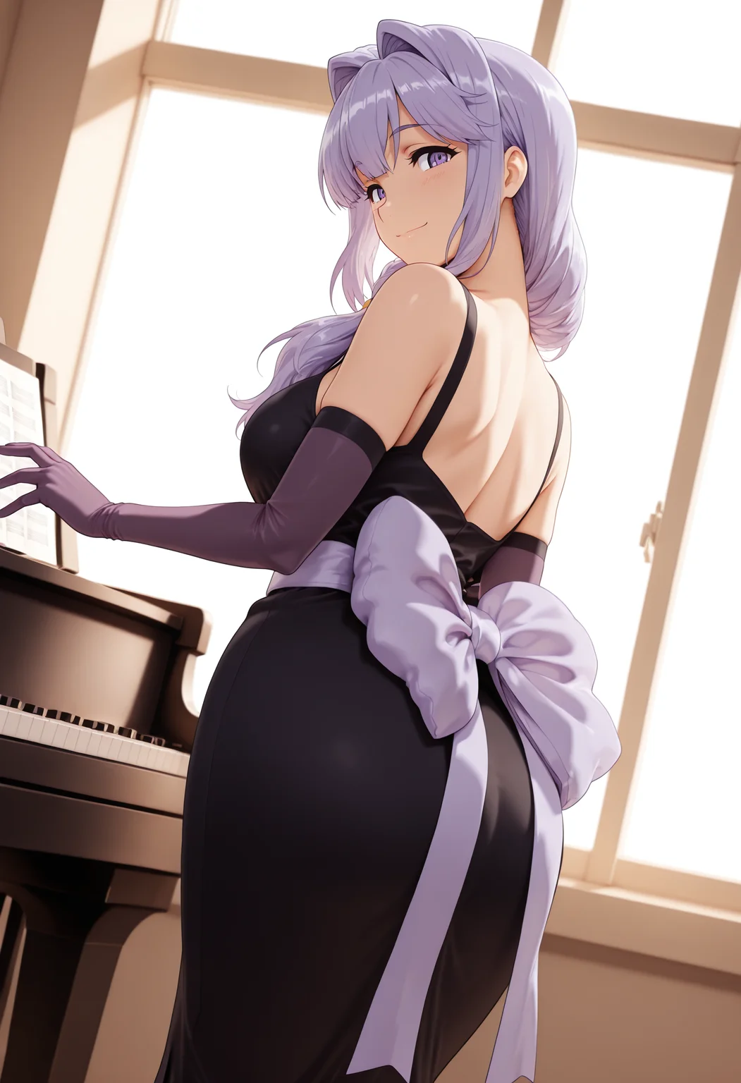 mature, y4y01, purple eyes, light purple hair, hair intakes, <lora:Outfit_soph-SatinMermBackBow-ILXL:1> shoulder straps, long dress, huge bow, back bow, elbow gloves, black satin dress, large room, standing, window front, modern high building, piano, smile, from side, dynamic angle, hair over shoulder, detailed fingers, masterpiece, best quality