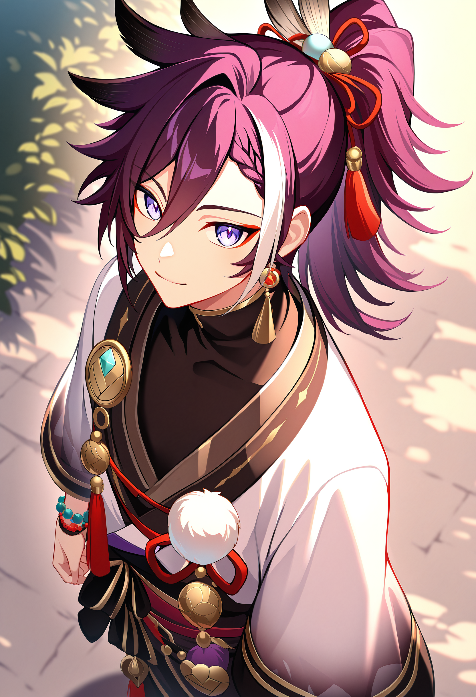 banzoin hakka, banzoin hakka \(1st costume\), 1boy, male focus, solo, purple hair, feather hair ornament, streaked hair, feather earrings, pom pom \(clothes\), bead bracelet, hair between eyes, long hair, tassel, ponytail, turtleneck, white hair, braided bangs, black shirt, purple eyes, white kimono,
looking at viewer, from above, full body,
outdoors, dappled sunlight,
masterpiece, best quality, very aesthetic, absurdres
<lora:holostars_allmems_illustrious_v1:1>
<lora:illustrious_noobai_epsilon_pred_1_masterpieces_v1:1>