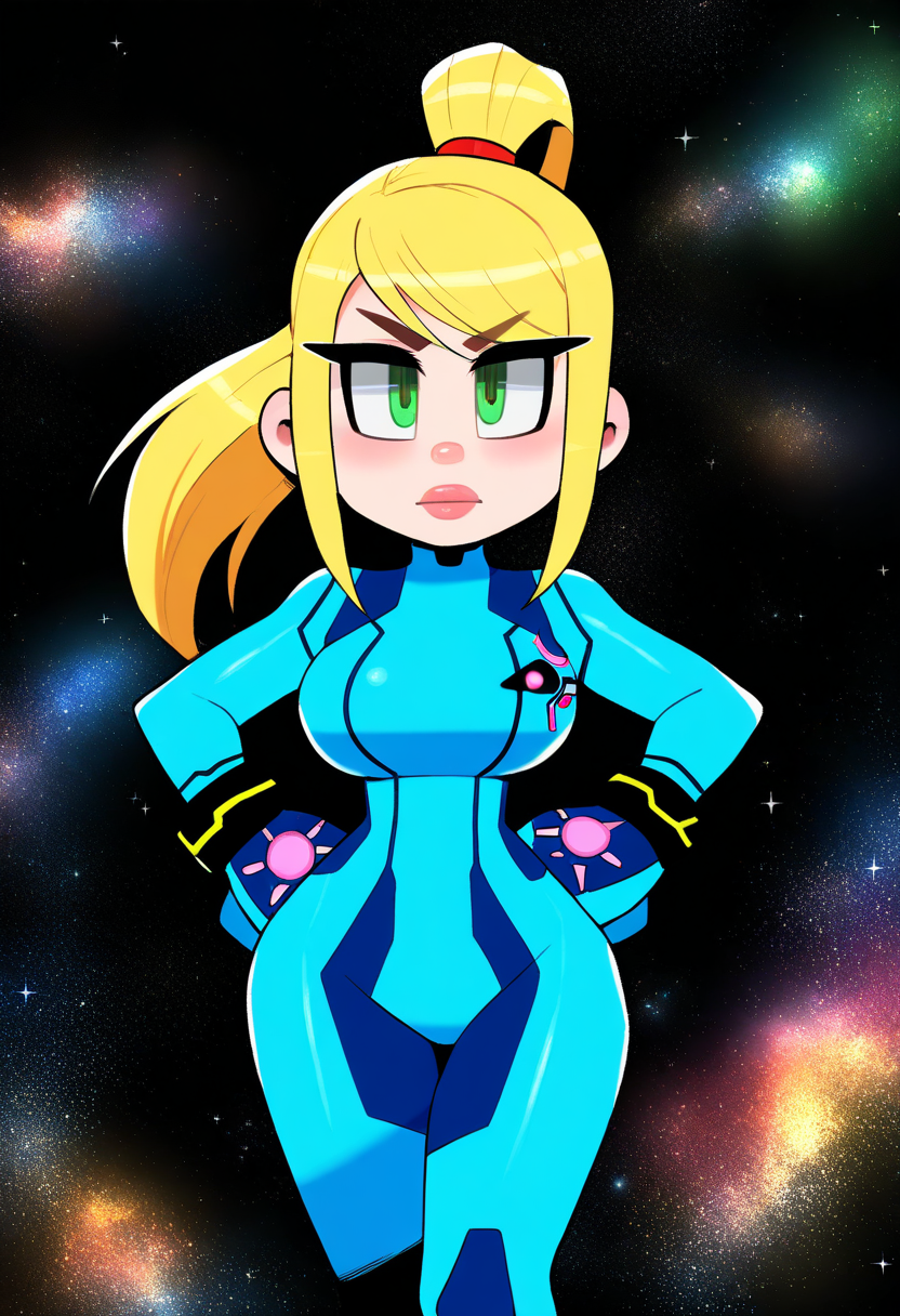 best quality, amazing quality, very aesthetic, absurdres,
BREAK
(black background, galaxy background, starry background:1.8)
1girl, samus aran, green eyes, blonde hair, medium hair, ponytail, sidelocks,
blue bodysuit,
looking at viewer, standing, hands on hips,     <lora:ThiccverseNoobLocon_byKonan:1>