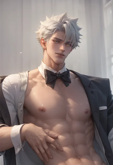 <lora:artbyl2-000008:0.8>,art byl,solo,1boy,white hair,yellow eyes,short hair,tuxedo,upper_body,abs,bara,, score_9,score_8_up,score_7_up,score_6_up,rating_explicit