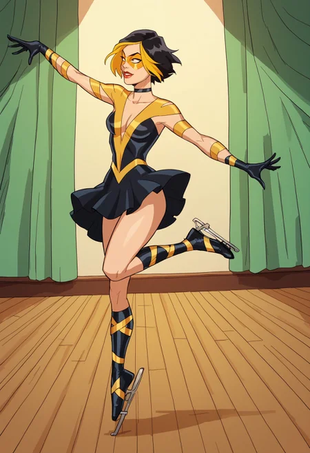 score_9, score_8_up, score_7_up, score_6_up, gtales-dh BREAK, skating, dancing, ballet, 1girl, solo, short hair, black hair, gold hair, multicolored hair, choker, domino mask, makeup, lipstick, gloves,black dress  <lora:Golden_Glider_Kite_Man_r1:0.7> <lora:Style_-_Tales_grandma_doesnt_tell_r1:0.8>