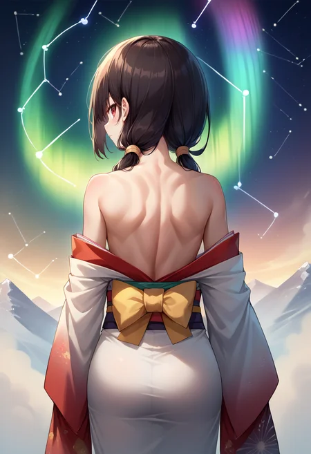 score_9, score_8_up, source_anime, 1girl, solo, TokisakiKurumi, black hair, low twintails, hair over one eye, red eye, aurora, back, bare back, bare shoulders, constellation, from behind, kimono, light particles, long sleeves, off shoulder, <lora:ChamTokisakiKurumiPonyXL-000008:1>
