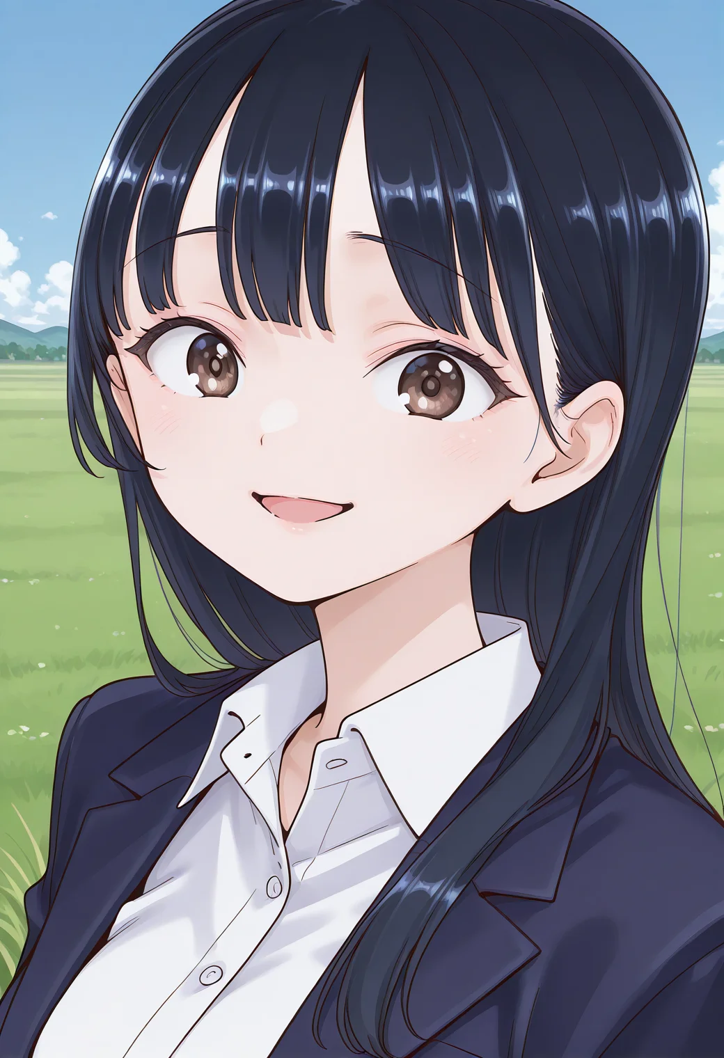 yamada_anna, brown eyes, black hair, long hair, school uniform, blazer, jacket, white shirt, collared shirt, <lora:yamada_anna_illustrious_ver1:0.8>
smile,, masterpiece, best quality, sensitive,, 1girl, solo, blue sky, (grasslands:1.2), looking at viewer,, (upper body:1.2), (open eyes:1.4), (portrait:1.4)