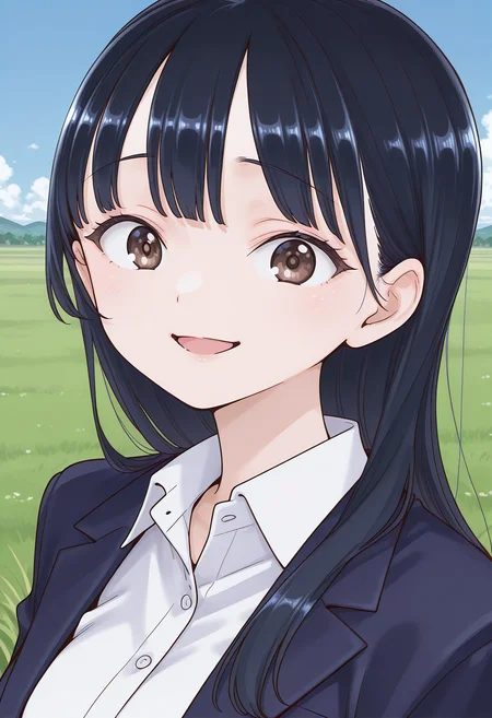 yamada_anna, brown eyes, black hair, long hair, school uniform, blazer, jacket, white shirt, collared shirt, <lora:yamada_anna_illustrious_ver1:0.8>
smile,, masterpiece, best quality, sensitive,, 1girl, solo, blue sky, (grasslands:1.2), looking at viewer,, (upper body:1.2), (open eyes:1.4), (portrait:1.4)