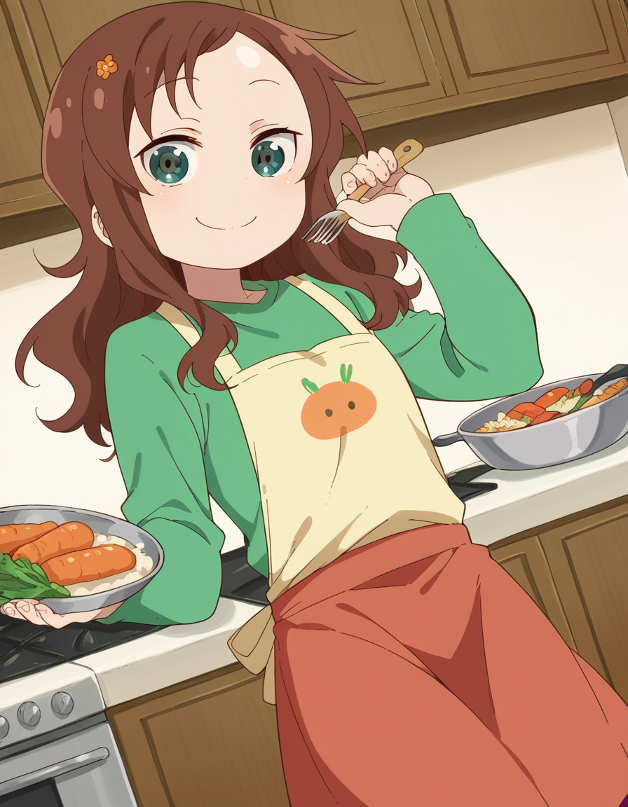 score_9, score_8_up, score_7_up, source_anime, <lora:riko-saikawa-s2-ponyxl-lora-nochekaiser:1>, riko saikawa, long hair, brown hair, green eyes, hair flower, hair ornament, flower,, skirt, shirt, long sleeves, red skirt, white socks, green shirt,, kitchen, cooking, apron, cutting vegetables, home cooking, smile, looking at viewer, hand behind head, , solo,, dutch angle,