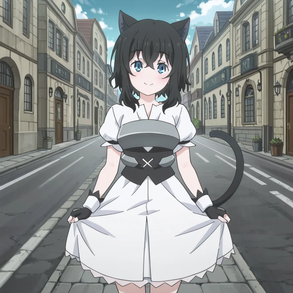 nsfw, masterpiece,best quality,amazing quality,
1girl, solo, reincarnated_as_a_sword_fran, fingerless gloves, puffy sleeves, white dress, tail, black hair, cat tail, smile, cat ears, animal ears, short hair, street, building, looking at viewer, <lora:Fran_-_Reincarnated_as_a_Sword:0.7>