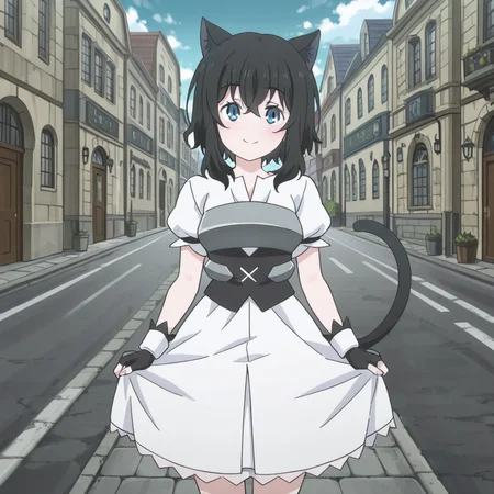 nsfw, masterpiece,best quality,amazing quality,
1girl, solo, reincarnated_as_a_sword_fran, fingerless gloves, puffy sleeves, white dress, tail, black hair, cat tail, smile, cat ears, animal ears, short hair, street, building, looking at viewer, <lora:Fran_-_Reincarnated_as_a_Sword:0.7>