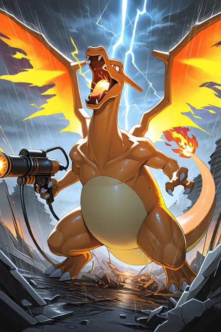 masterpiece, best quality,   <lora:CharizardPokedexIXL:1.0>,   Charizard, no humans, solo,   unleashing a powerful flamethrower, glowing fiery wings, roaring in the rain, stormy sky, lightning illuminating the scene, destroyed battlefield, intense action pose, cinematic atmosphere, highly detailed