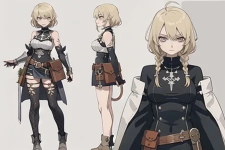 1woman, solo, armor, pauldrons, <lora:BarbarianT-18:0.8>, BarbarianT, muscular female, abs, ((masterpiece: 1.4, perfect face, best quality: 1.2)), ultra highly detailed, detailed eyes, delicate hair details, armor faulds, crop top, arm armor, armor greaves, fur tippet, large breasts, sexy eyes, devilish grin, mixed blonde hair, extremely messy large shag hair cape, many braids and beads in hair, intricate details, exposed abs, hazel eyes, eyeliner, eyelashes, crossed_bangs, warpaint, bare shoulders with viking design tattoo, puffy sleeves, tribal design asymmetrical lion cloths, leather boots, wool baggy pants trousers, tassel belt accessories, barbarian woman, brown leather hip belt with pouch on right and sword sheath on left, leather gloves with fur trim, saturated brown tones, nordic, fantasy aesthetic,(flat saturated colors), fine details, intense,(lineart:1.33), charactersheet, reference sheet, multiple views, white background