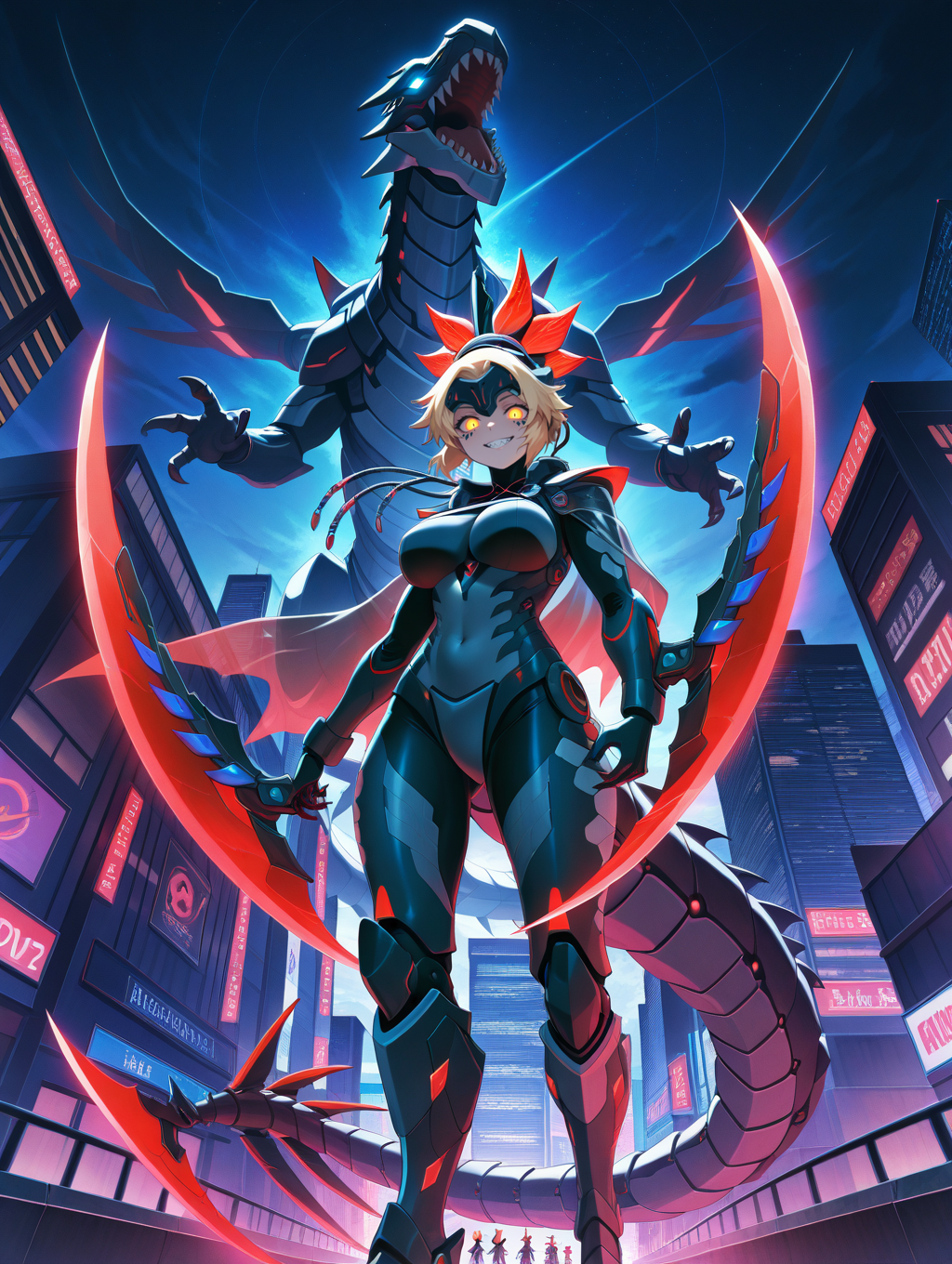 dinomorphia kentregina,1girl,night sky,smile,city,glowing eyes,outdoors,grin,mechanical claw boots,sharp teeth,large breasts,grey bodysuit,teeth,looking at viewer,standing,mechanical headgear,skyscraper,cityscape,mechanical forehead protector,facial mark,red arm blade,mechanical gauntlets,see-through cape,mecha dragon girl,from below,dinomorphia rexterm,mechanical tyrannosaurus rex,blue glowing eyes,
masterpiece,best quality,amazing quality,very aesthetic,absurdres,newest,<lora:Dinomorphia Kentregina illuXL v1:0.7>,
