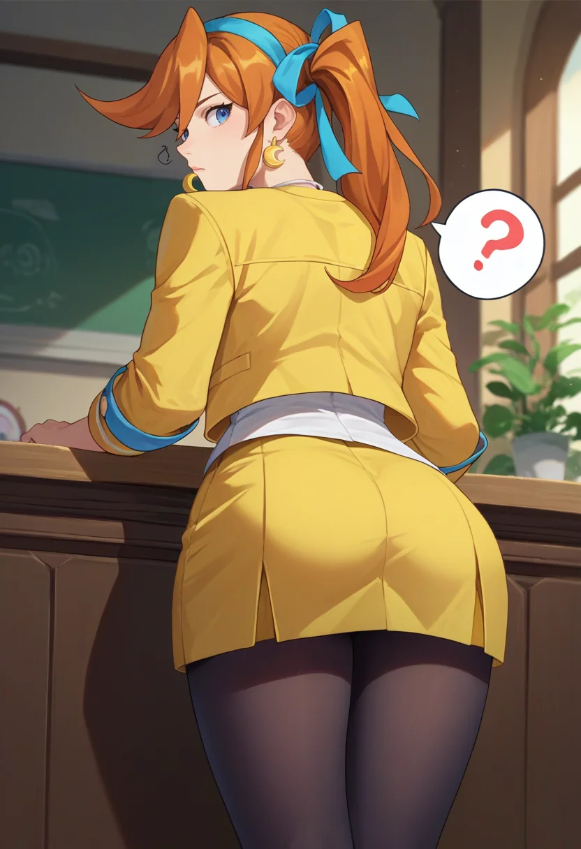 score_9, score_8_up, score_7_up, source_anime, solo, 1girl, athena cykes, looking back, spoken question mark, side ponytail, hair ribbon, yellow jacket, white shirt, yellow skirt, black pantyhose, jewelry, necklace, crescent earrings, ass, indoors <lora:aa_athenacykes_ponyXL:1>