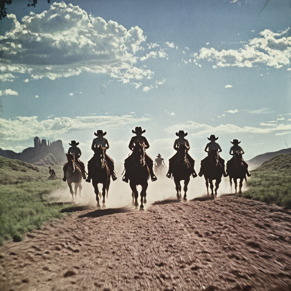 <lora:40s_Western_MovieSDXL:1> ArsMovieStill, movie still from a 1940s western movie, The image shows a group of people riding horses down a dirt road surrounded by grass and hills in the background with a sky full of clouds., sky, silhouette, outdoors, cloud, multiple girls, field, 6+girls, scenery, standing, grass