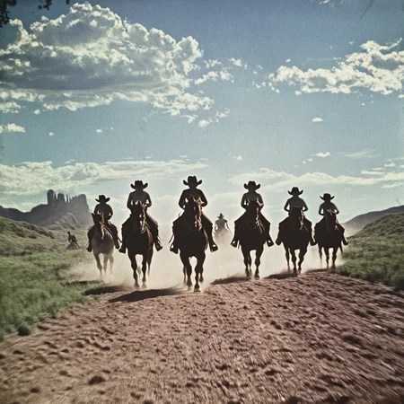<lora:40s_Western_MovieSDXL:1> ArsMovieStill, movie still from a 1940s western movie, The image shows a group of people riding horses down a dirt road surrounded by grass and hills in the background with a sky full of clouds., sky, silhouette, outdoors, cloud, multiple girls, field, 6+girls, scenery, standing, grass