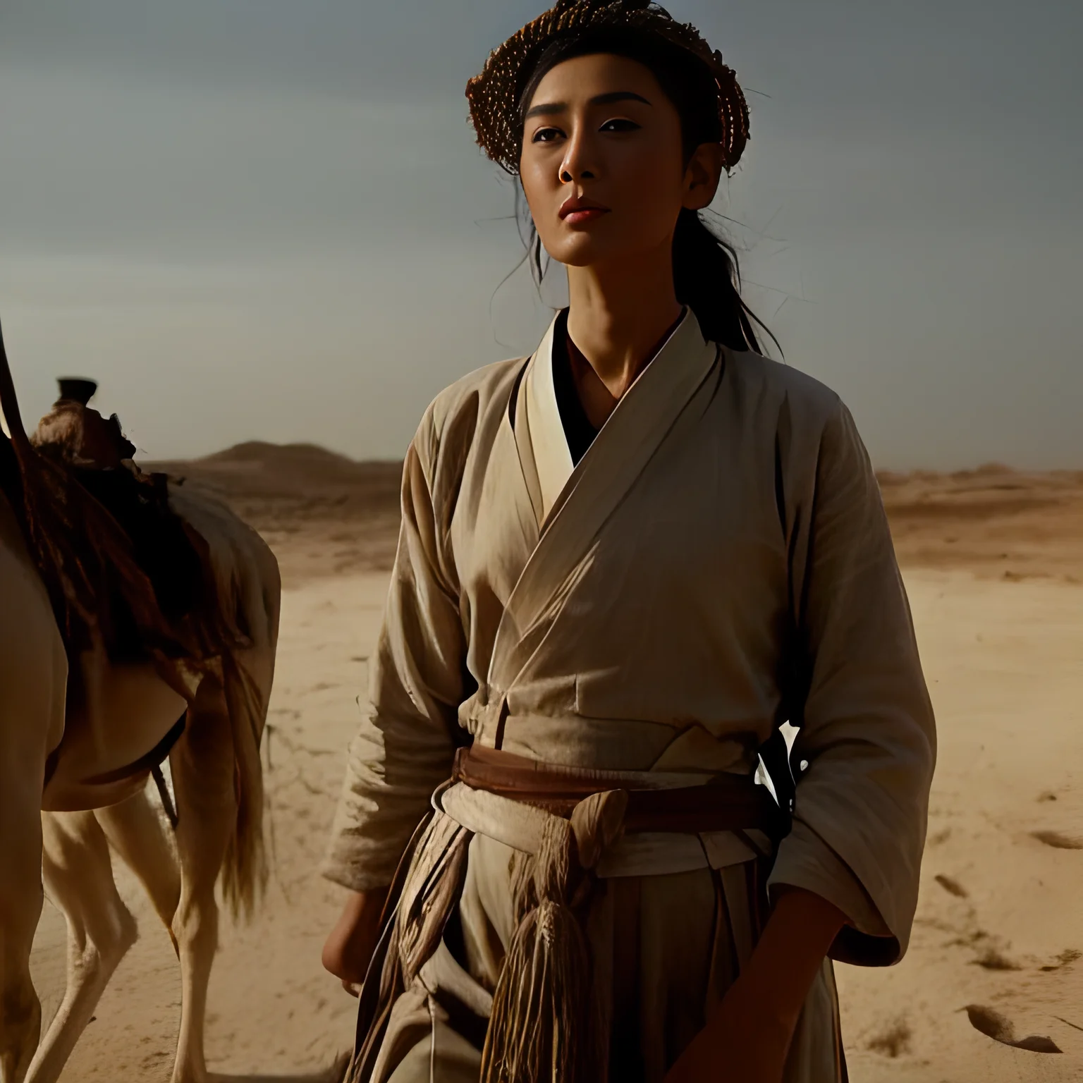 masterpiece, extremely high detail digital RAW color painting of a women in a hat holding a sword is walking a camel,  blurry, coat, oil-paper_umbrella, outdoors, sand, fire, flame,  art by Dragon Inn-18500