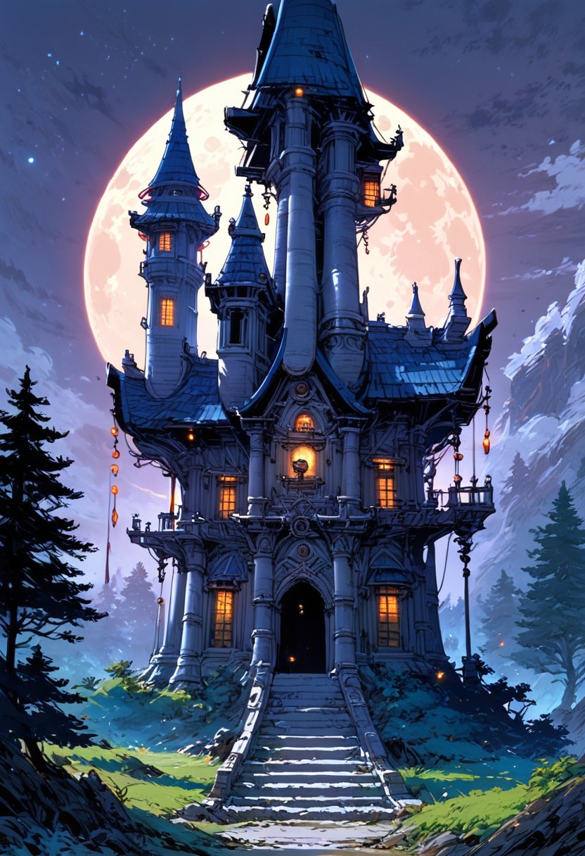 score_9, score_8_up, score_7_up, masterpiece, landscape, old forest, gnarled trees, grass, ancient houses, dilapidated buildings, shacks, witch houses, buildings, sun, epiCPhoto, long shadows, eerie, moon, dark night