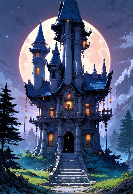 score_9, score_8_up, score_7_up, masterpiece, landscape, old forest, gnarled trees, grass, ancient houses, dilapidated buildings, shacks, witch houses, buildings, sun, epiCPhoto, long shadows, eerie, moon, dark night