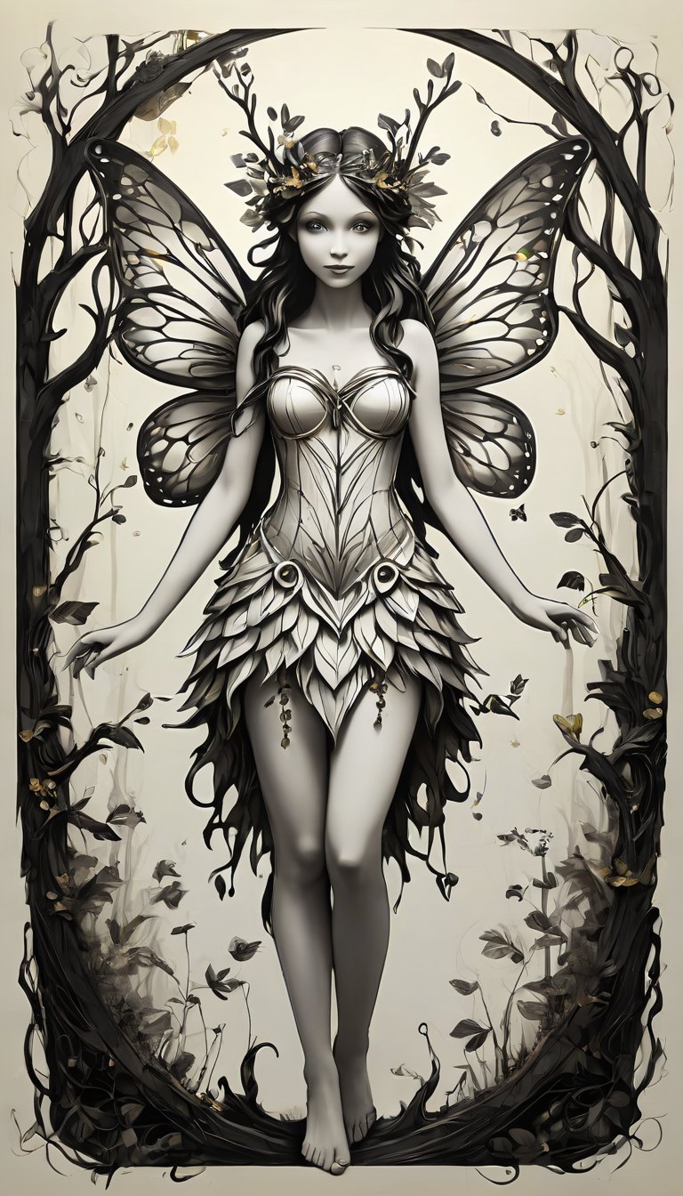 sketch_sheet, a drawing of a Forest Fairy, ((black and white:1.5)), (paper background:1.5) golden ratio, detailed, sharp focus, intricate, still, dynamic, full color, attractive, cinematic, highly saturated colors, surreal, open intriguing, very inspirational, glowing, magical, thought fascinating, creative, positive, unique  <lora:sketches-sdxl:1>