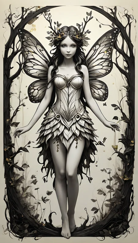 sketch_sheet, a drawing of a Forest Fairy, ((black and white:1.5)), (paper background:1.5) golden ratio, detailed, sharp focus, intricate, still, dynamic, full color, attractive, cinematic, highly saturated colors, surreal, open intriguing, very inspirational, glowing, magical, thought fascinating, creative, positive, unique <lora:sketches-sdxl:1>