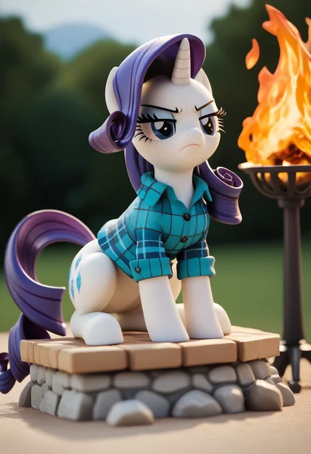 score_9, score_8_up, score_7_up, score_6_up, score_5_up, score_4_up, Rarity, pony, unicorn, g4, snobby attitude, sitting, female, high res, glaring, glaring over a burning pile of flannel, looking at fire, looking down, looking down at flannel on fire, mare, snob, snobbish look, judgemental, cruel, disdain, solo, stone cold Rarity, detailed eyes, detailed fur, beautiful, vector, flat colors, (beautiful long eyelashes), outside Boutique, noon, low angle <lora:MLP_Style:1> <lora:Pony_MLP_v1.5:1>