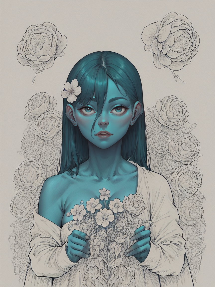 score_9, score_8_up, score_7_up, score_6_up, score_5_up, score_4_up,    <lora:blu3p4rtXLP2:0.6> blu3p4rt, 1girl, flowers,