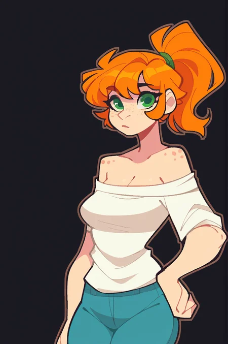score_9, score_8_up, score_7_up, score_6_up, score_5_up, score_4_up, 
1girl, solo, freckles, shirt, orange hair, ponytail, pants, green eyes, short sleeves, holding, outline, hand on hip, looking at viewer, cowboy shot, off shoulder, breasts, black background, bangs, simple background, medium breasts
<lora:wraith:1>